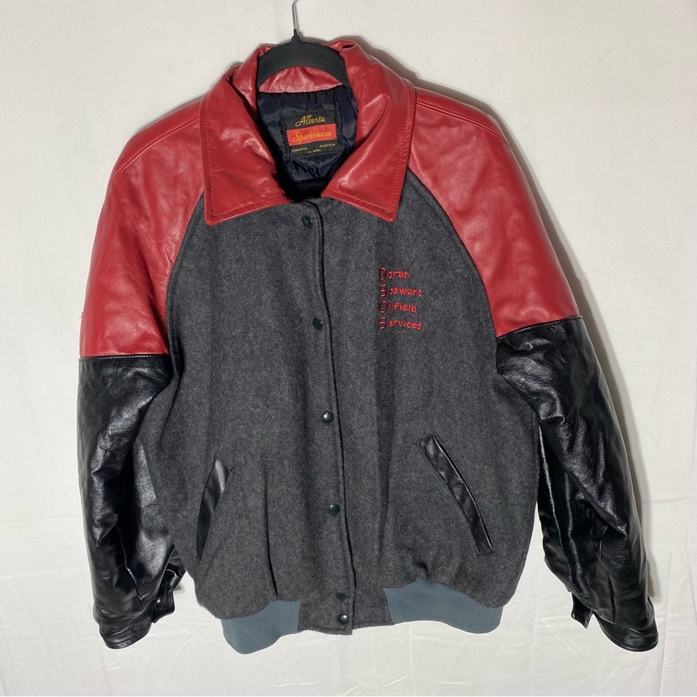 Vintage Alberta Sportswear Charcoal Grey Wool Red Leather Bomber Jacket M
